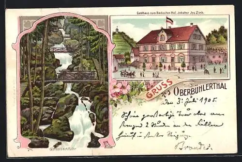 Lithographie Oberbühlerthal, Gasthaus zum Badischen Hof, Gertelbachfälle