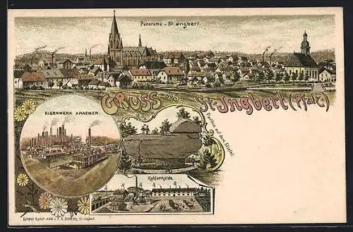 Lithographie St. Ingbert /Pfalz, Eisenwerk Kraemer, Kohlenhalde, Partie auf dem Stiefel