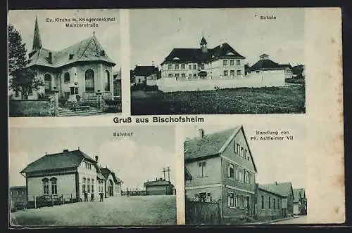 AK Bischofsheim / Hessen, Schule, Bahnhof, Ev. Kirche mit Kriegerdenkmal