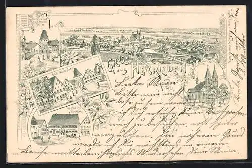 Lithographie Herrieden, Gasthof zum Hirschen, Unteres Tor mit Altmühl-Brücke, Südlicher Marktplatz