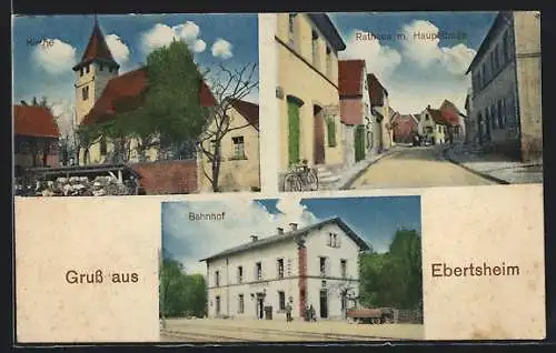 AK Ebertsheim, Rathaus und Hauptstrasse, Bahnhof, Kirche