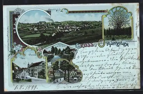 Lithographie Ottweiler, Partie an der Bries, Victoriabrücke, Wilhelmstrasse