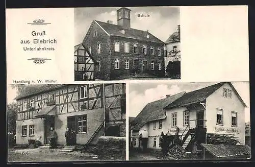AK Biebrich / Unterlahn, Gasthaus Jakob Meffert, Handlung W. Müller, Schule