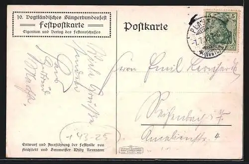 Künstler-AK Plauen / Vogtland, Festpostkarte zum 10. Vogtländischen Sängerbundesfest 1913