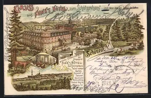 Lithographie Schöneck i. V., Funk`s Hotel zum Schützenhaus, Stallgebäude, Schiesshalle, Gartenrestaurant