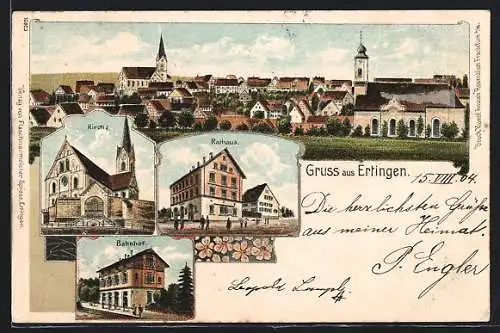 Lithographie Ertingen, Kirche, Bahnhof, Rathaus, Panorama