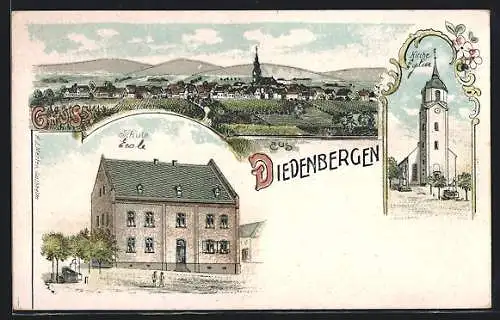 Lithographie Diedenbergen, Schule, Kirche, Totalansicht