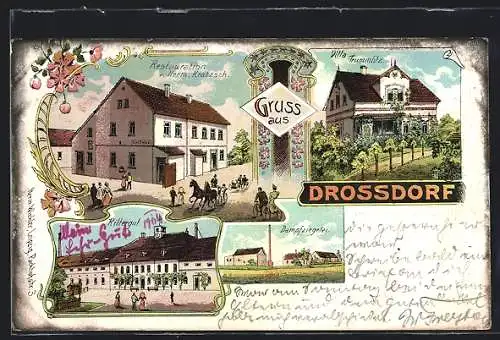 Lithographie Drossdorf / Groitzsch, Restaurant Hermann Kratzsch, Villa Trummlitz, Rittergut, Dampfziegelei