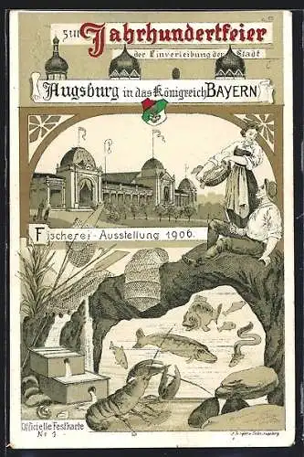 Lithographie Augsburg, Fischerei-Ausstellung zur Jahrhundertfeier 1906