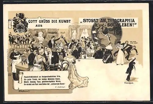 Lithographie Typographia soll leben!, Menschen stossen auf den Buchdruck an