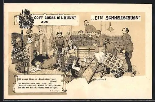 Lithographie Tasten fallen in der Druckerei zu Boden, Buchdruck