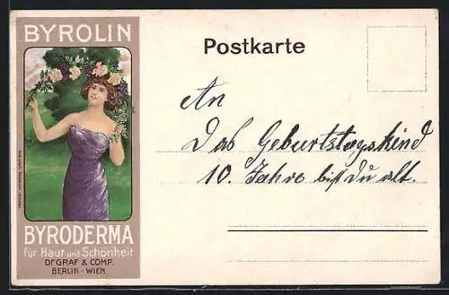 AK Byroderma Reklame für Haut und Schönheit, Junge Frau mit Blumenkranz, Jugendstil