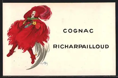 Künstler-AK Spirituosen-Reklame für Cognac Richarpailloud, Dame im roten Kleid
