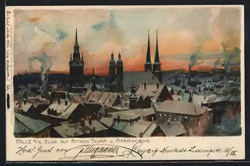 Künstler-AK Zeno Diemer: Halle / Saale, Blick auf Rothen Thurm und Marienkirche