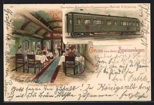 Lithographie Deutscher Eisenbahn-Speisewagen-Betrieb G. Kromrey, Innenansicht eines Speisewagens