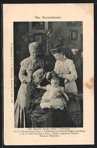 AK Königin Marie v. Hannover mit Herzogin Thyra v. Cumberland und Frau Prinzessin Max v. Baden mit Tochter