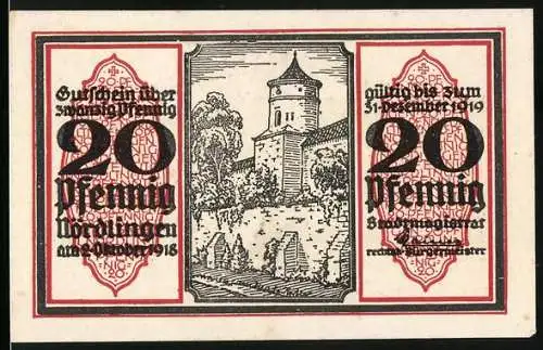 Notgeld Nördlingen 1918, 20 Pfennig, Burg, Adler mit Wappen