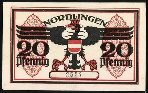 Notgeld Nördlingen 1918, 20 Pfennig, Burg, Adler mit Wappen