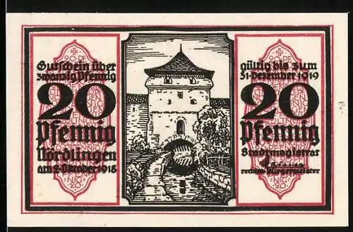 Notgeld Nördlingen 1918, 20 Pfennig, Stadttor, Adler mit Wappen