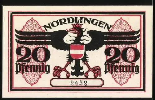 Notgeld Nördlingen 1918, 20 Pfennig, Stadttor, Adler mit Wappen