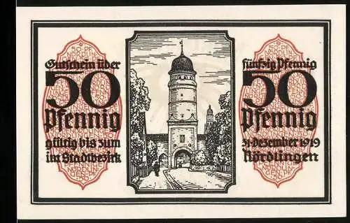Notgeld Nördlingen 1918, 50 Pfennig, Stadttor mit Turm, Wappen