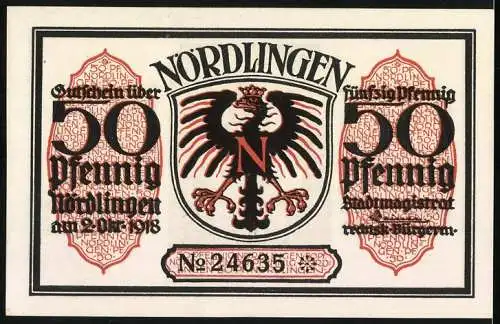 Notgeld Nördlingen 1918, 50 Pfennig, Stadttor mit Turm, Wappen