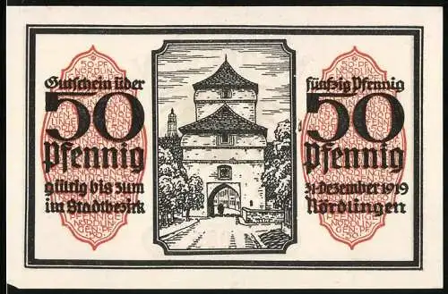 Notgeld Nördlingen 1918, 50 Pfennig, Stadttor, Wappen