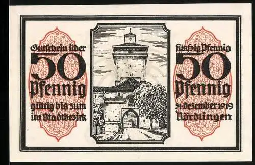 Notgeld Nördlingen 1918, 50 Pfennig, Stadttor, Wappen