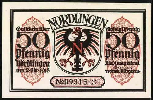 Notgeld Nördlingen 1918, 50 Pfennig, Stadttor, Wappen