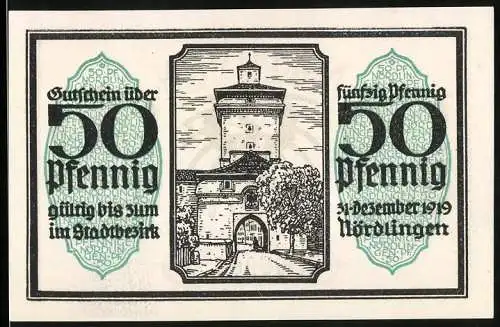 Notgeld Nördlingen 1918, 50 Pfennig, Stadttor, Wappen