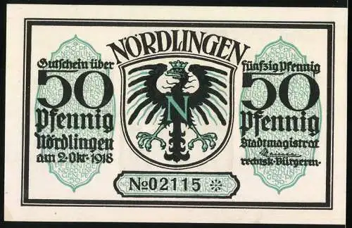 Notgeld Nördlingen 1918, 50 Pfennig, Strassenpartie mit Turm, Wappen