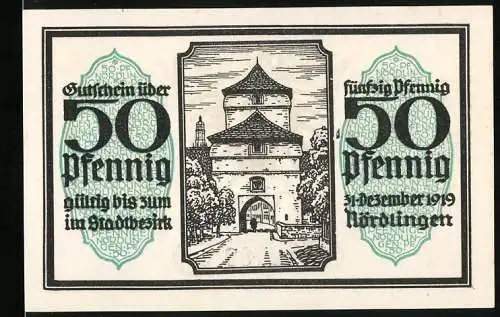 Notgeld Nördlingen 1918, 50 Pfennig, Stadttor, Wappen