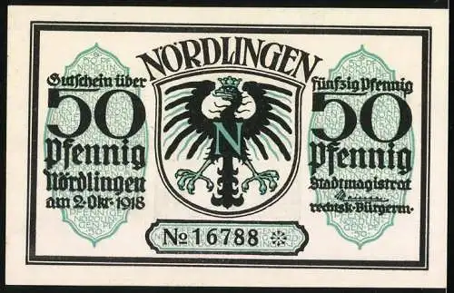 Notgeld Nördlingen 1918, 50 Pfennig, Stadttor, Wappen