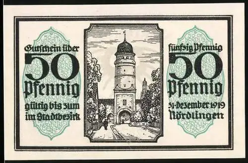 Notgeld Nördlingen 1918, 50 Pfennig, Stadttor mit Turm, Wappen