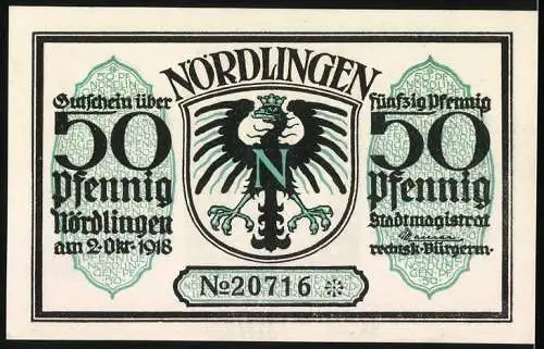 Notgeld Nördlingen 1918, 50 Pfennig, Stadttor mit Turm, Wappen