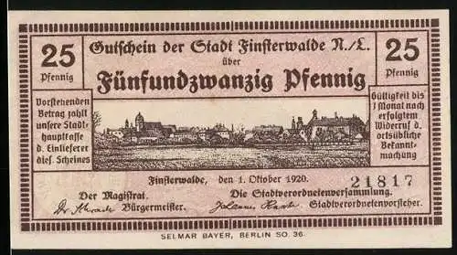 Notgeld Finsterwalde /N.-L. 1920, 25 Pfennig, Teilansicht mit Kirche