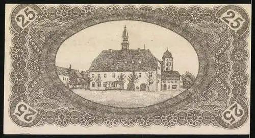 Notgeld Finsterwalde /N.-L. 1920, 25 Pfennig, Teilansicht mit Kirche