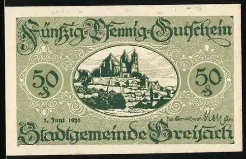 Notgeld Breisach 1920, 50 Pfennig, Blick zum Schloss