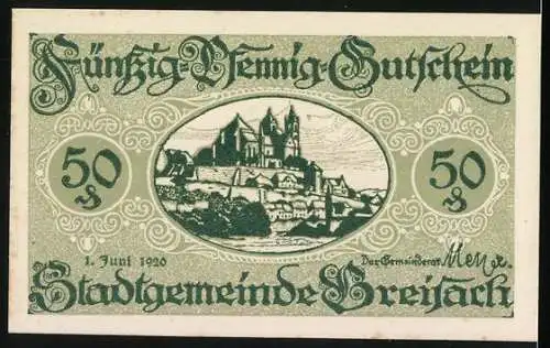 Notgeld Breisach 1920, 50 Pfennig, Blick zum Schloss