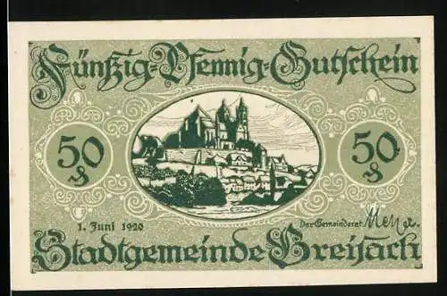 Notgeld Breisach 1920, 50 Pfennig, Blick zum Schloss