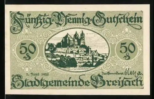 Notgeld Breisach 1920, 50 Pfennig, Blick zum Schloss