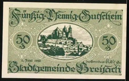 Notgeld Breisach 1920, 50 Pfennig, Blick zum Schloss