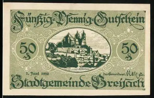 Notgeld Breisach 1920, 50 Pfennig, Blick zum Schloss