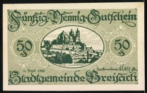 Notgeld Breisach 1920, 50 Pfennig, Blick zum Schloss