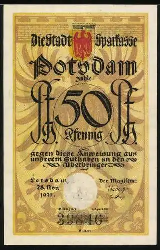 Notgeld Potsdam 1921, 50 Pfennig, Soldat mit Degen zu Pferde