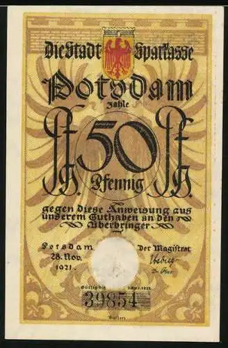 Notgeld Potsdam 1921, 50 Pfennig, Soldat mit Säbel zu Pferde
