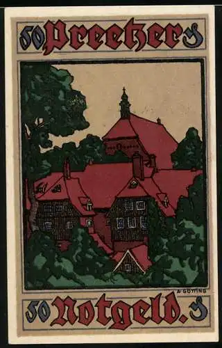 Notgeld Preetz in Holstein 1921, 50 Pfennig, Ortspartie mit Kirche