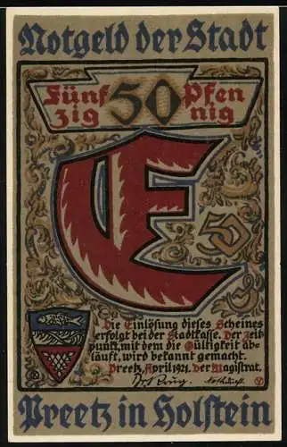 Notgeld Preetz in Holstein 1921, 50 Pfennig, Stadtwappen