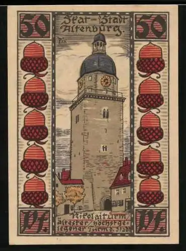 Notgeld Altenburg 1921, 50 Pfennig, Nikolaiturm