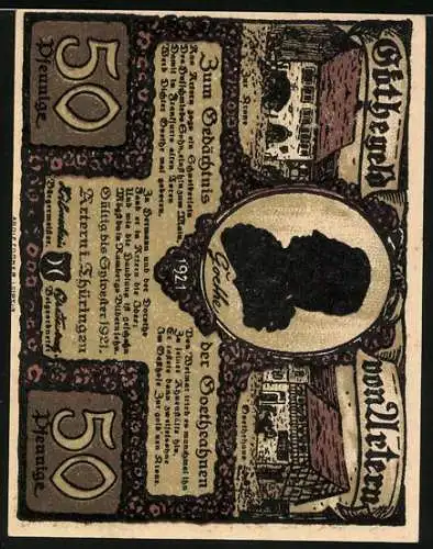 Notgeld Artern i. Thüringen 1921, 50 Pfennig, Frau mit Rindergespann, Gasthaus Zur Krone, Goethehaus